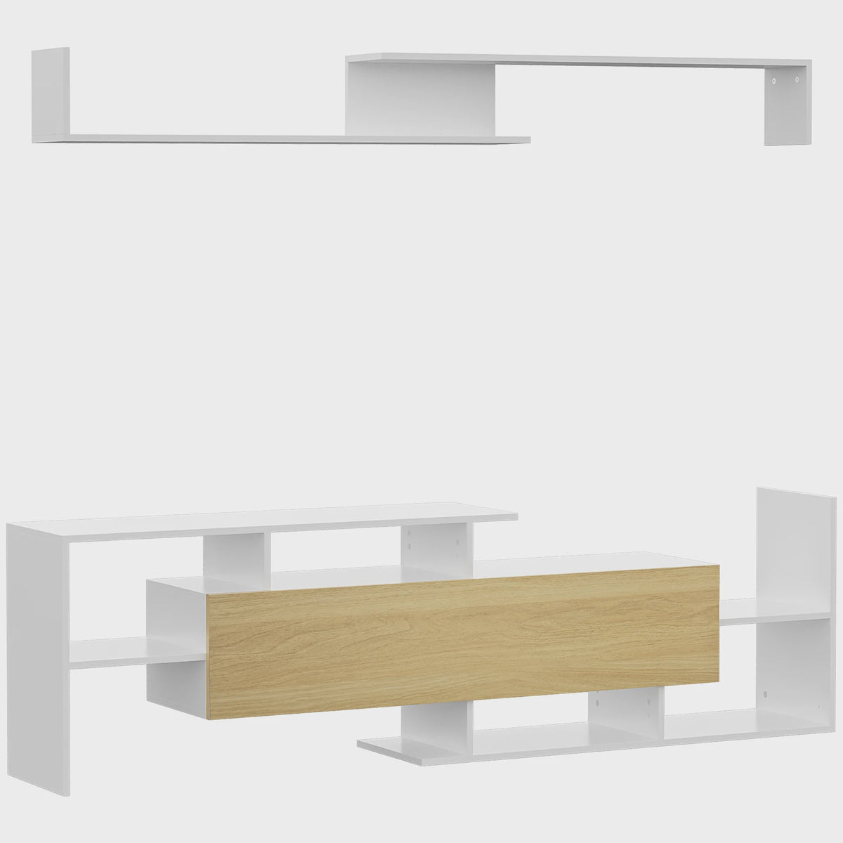 Moderne TV Meubel met Wandrek - 153.6 cm Breed - Wit met Houtdecor Front