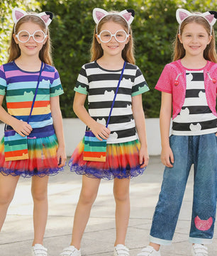 Meisjes Kleding Set: Zwart-Wit Katten T-shirt & Regenboog Tutu Rok met Accessoires