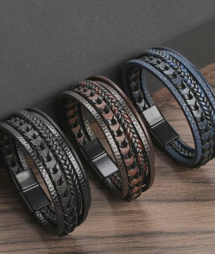 Heren Vintage Leren Armband met Gevlochten Design en Magnetische Sluiting