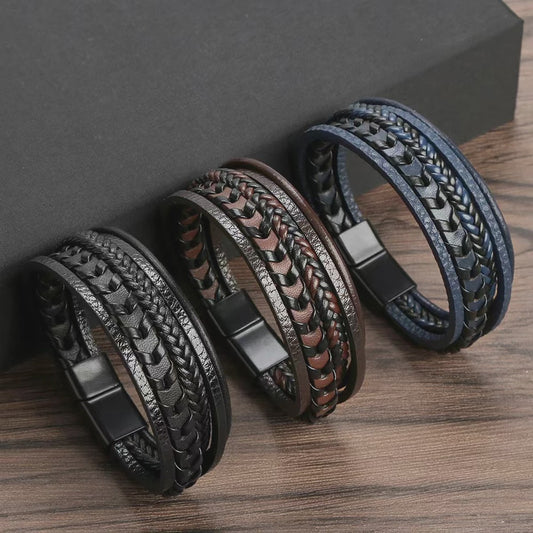 Heren Vintage Leren Armband met Gevlochten Design en Magnetische Sluiting