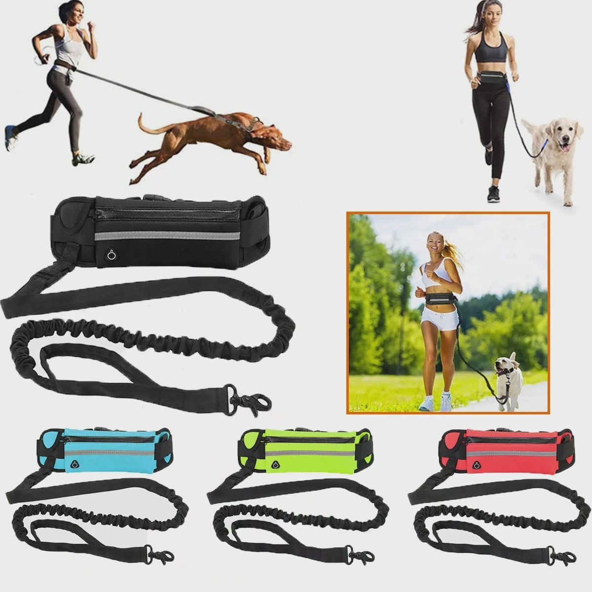 Handsfree Hondentuig met Heuptas - Reflecterend, Intrekbaar & Elastisch voor Lopen & Rennen