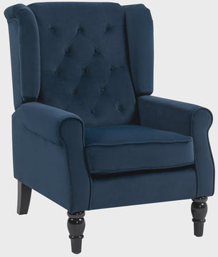 Donkerblauwe gestoffeerde fauteuil met brede zitting en klassieke houten poten - Comfortabel en stijlvol