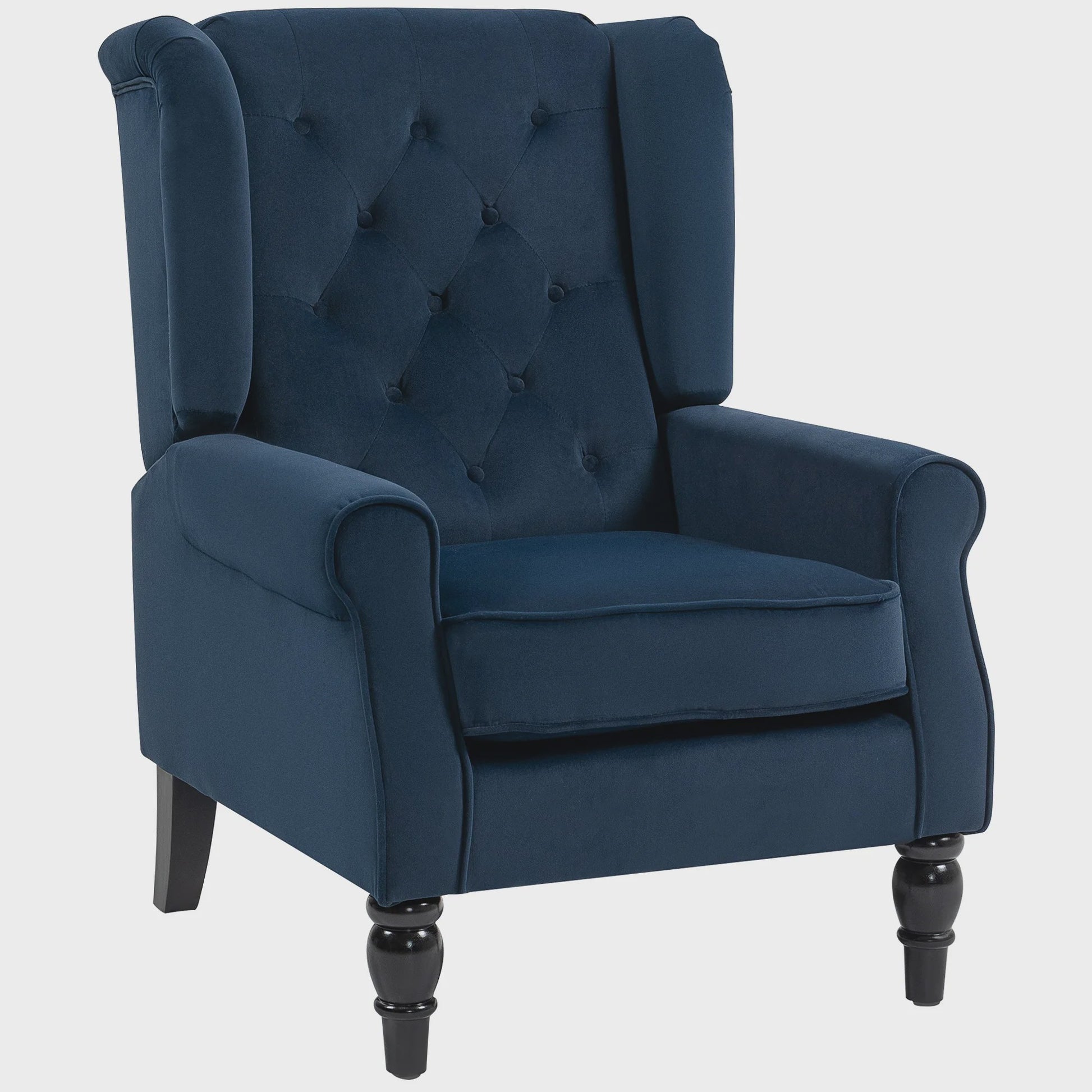 Donkerblauwe gestoffeerde fauteuil met brede zitting en klassieke houten poten - Comfortabel en stijlvol