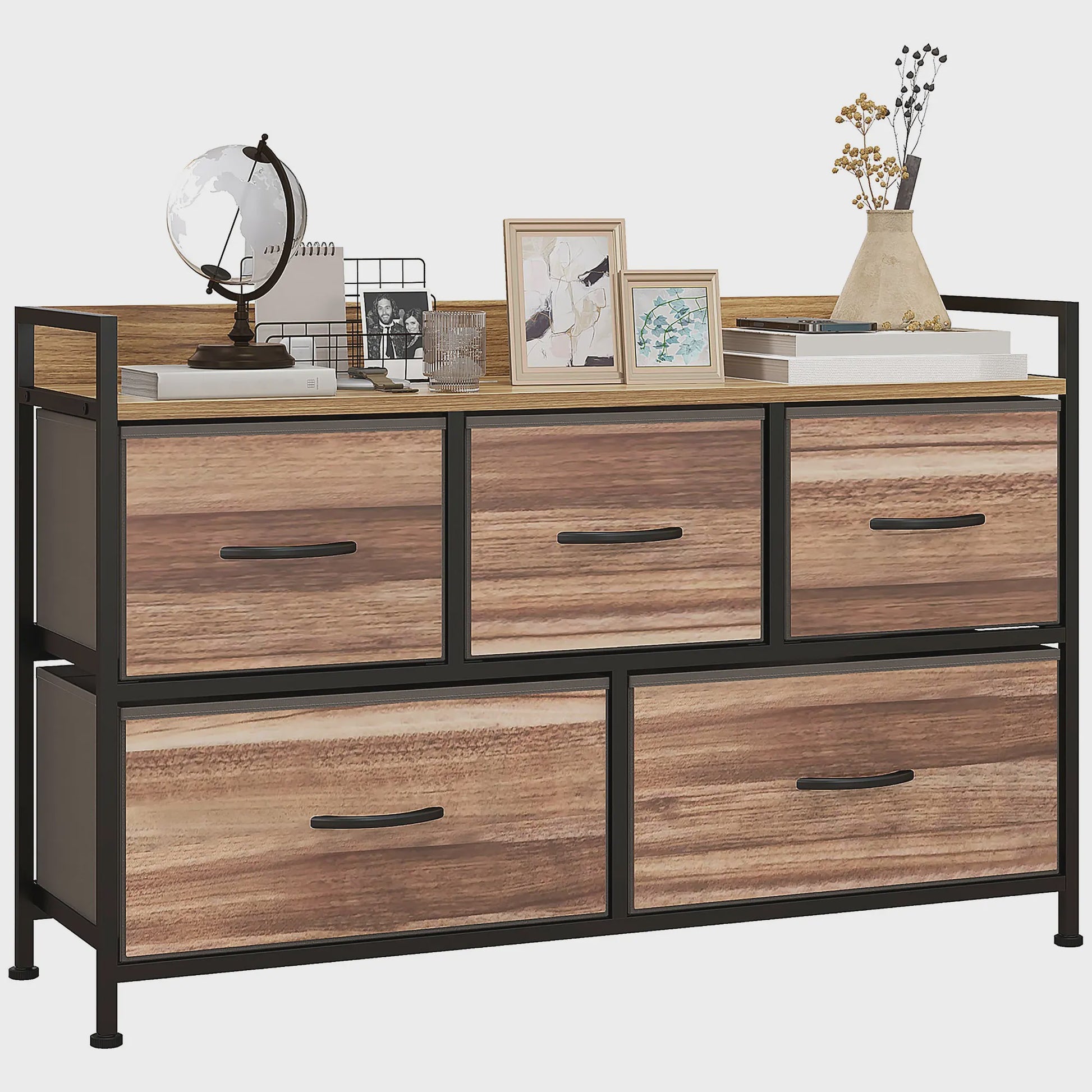 HOMCOM Opbergmeubel met 5 Stoffen Lades - Zwart Stalen Frame - 98x29x63 cm