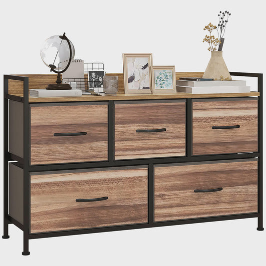 HOMCOM Opbergmeubel met 5 Stoffen Lades - Zwart Stalen Frame - 98x29x63 cm