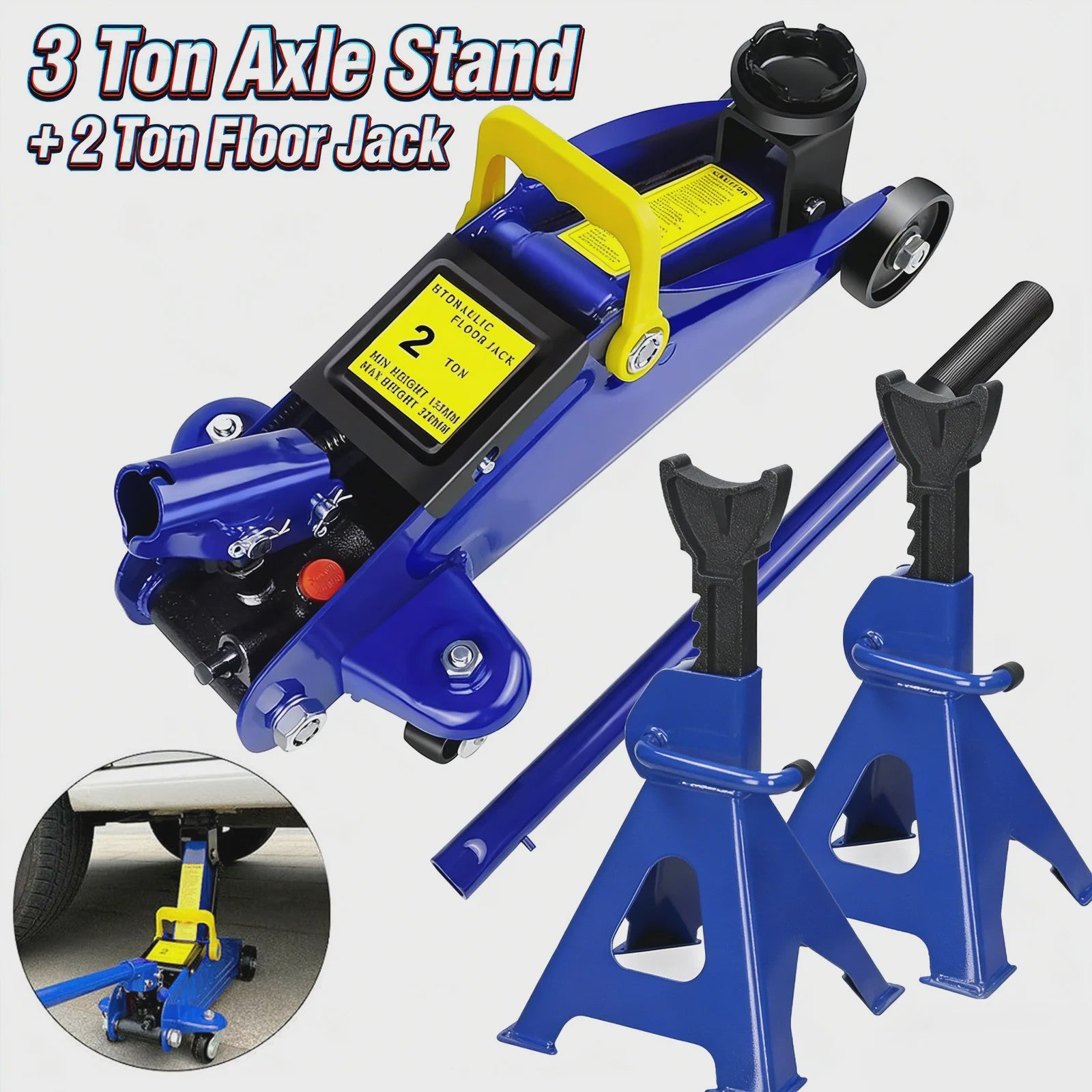 Robuuste Autokrik Set: 2 Ton Hydraulische Trolleykrik met 3 Ton Assenbokken voor Garage & Werkplaats