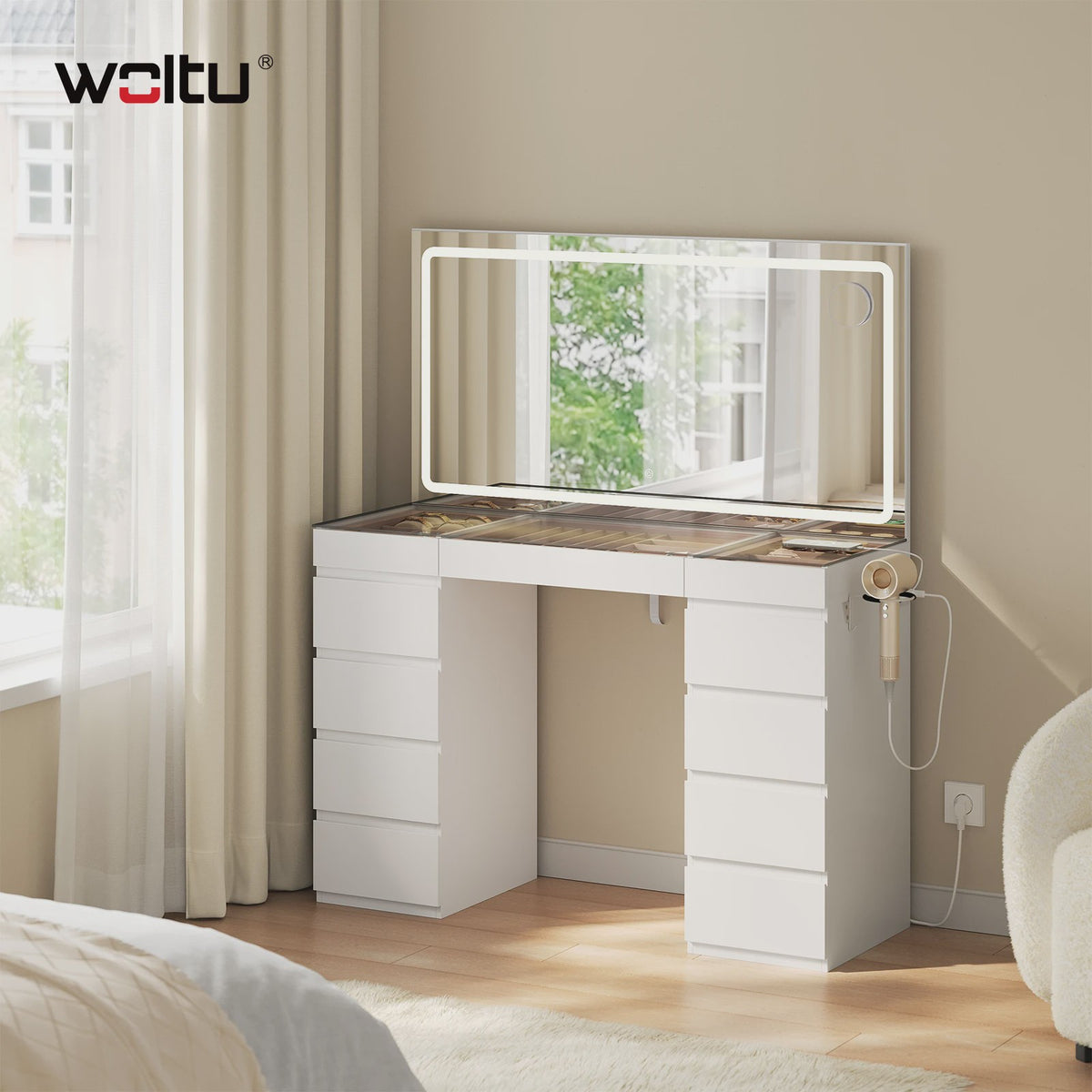 Luxe Kaptafel met Spiegel, Verstelbare LED Verlichting en 11 Lades - Perfect voor Slaapkamer