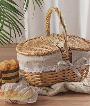 Handgemaakte Riet Picknickmand met Deksel en Handvat - Willow Woven Opbergmand