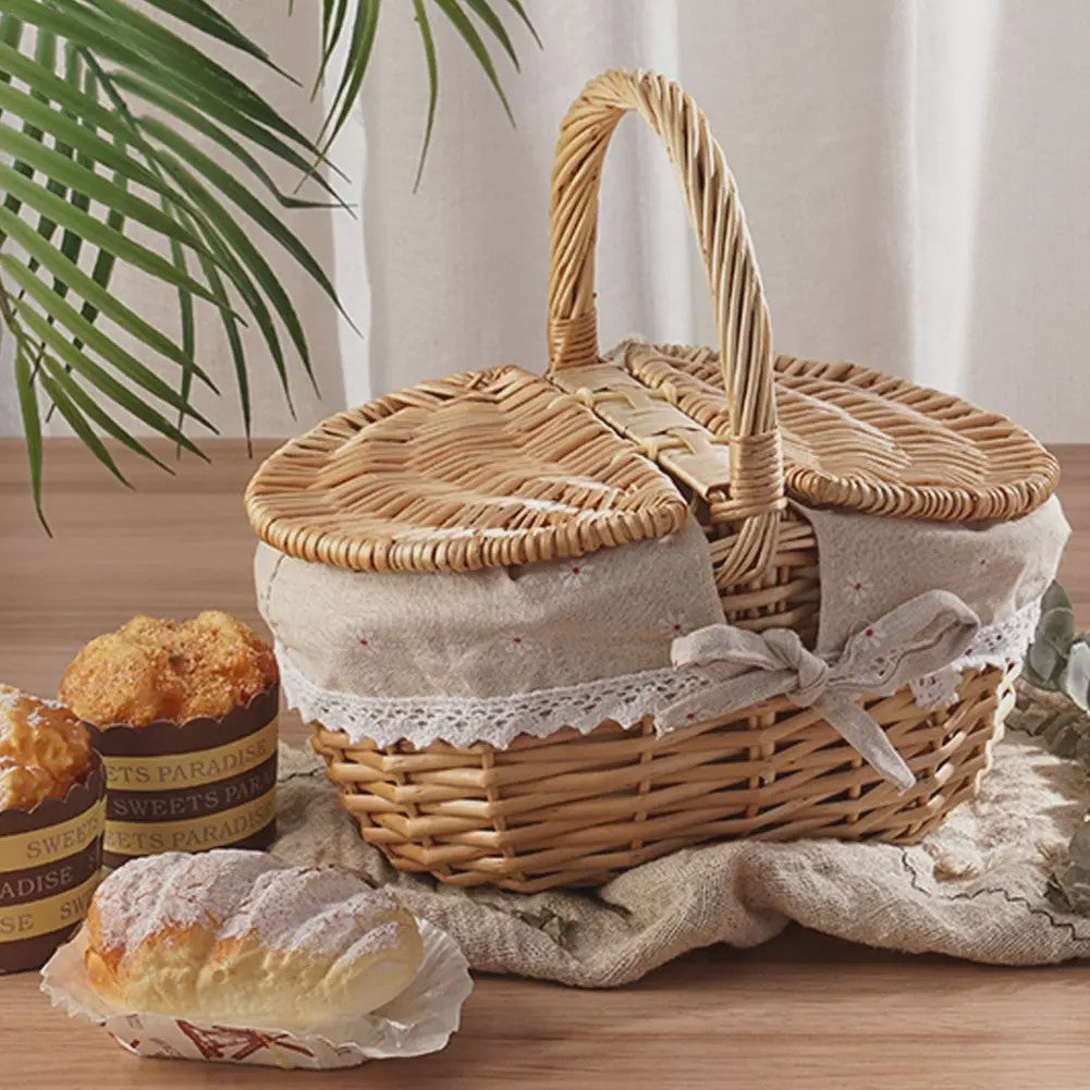 Handgemaakte Riet Picknickmand met Deksel en Handvat - Willow Woven Opbergmand