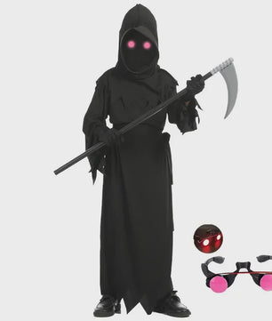 Kinder Halloween Kostuum Grim Reaper met Rode Oogjes en Zeis - Eng Duivel Spook Verkleedset