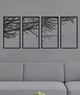 4-Delige Zwarte Metalen Levensboom Wanddecoratie - Stijlvolle Kunst voor Woonkamer, Slaapkamer & Kantoor