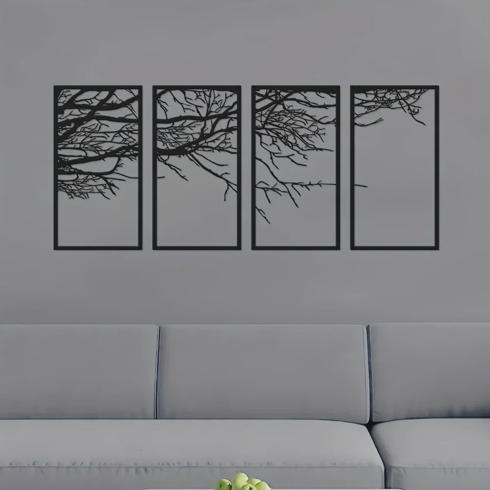 4-Delige Zwarte Metalen Levensboom Wanddecoratie - Stijlvolle Kunst voor Woonkamer, Slaapkamer & Kantoor