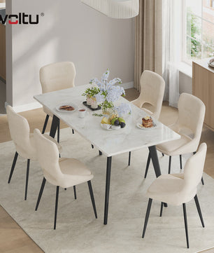 Set van 6 Luxe Eetkamerstoelen - Chenille Bekleding, Holle Rug & Metalen Poten