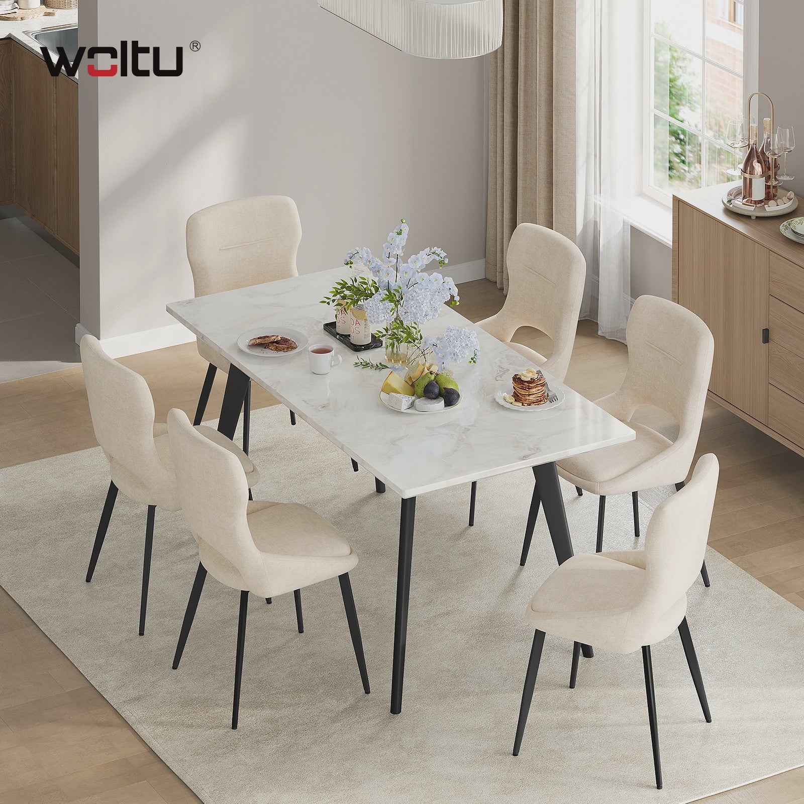 Set van 6 Luxe Eetkamerstoelen - Chenille Bekleding, Holle Rug & Metalen Poten