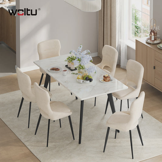 Set van 6 Luxe Eetkamerstoelen - Chenille Bekleding, Holle Rug & Metalen Poten