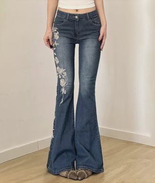 Dames Jeans met Retro Bloemenborduurwerk - Y2k Stijl Flared Broek