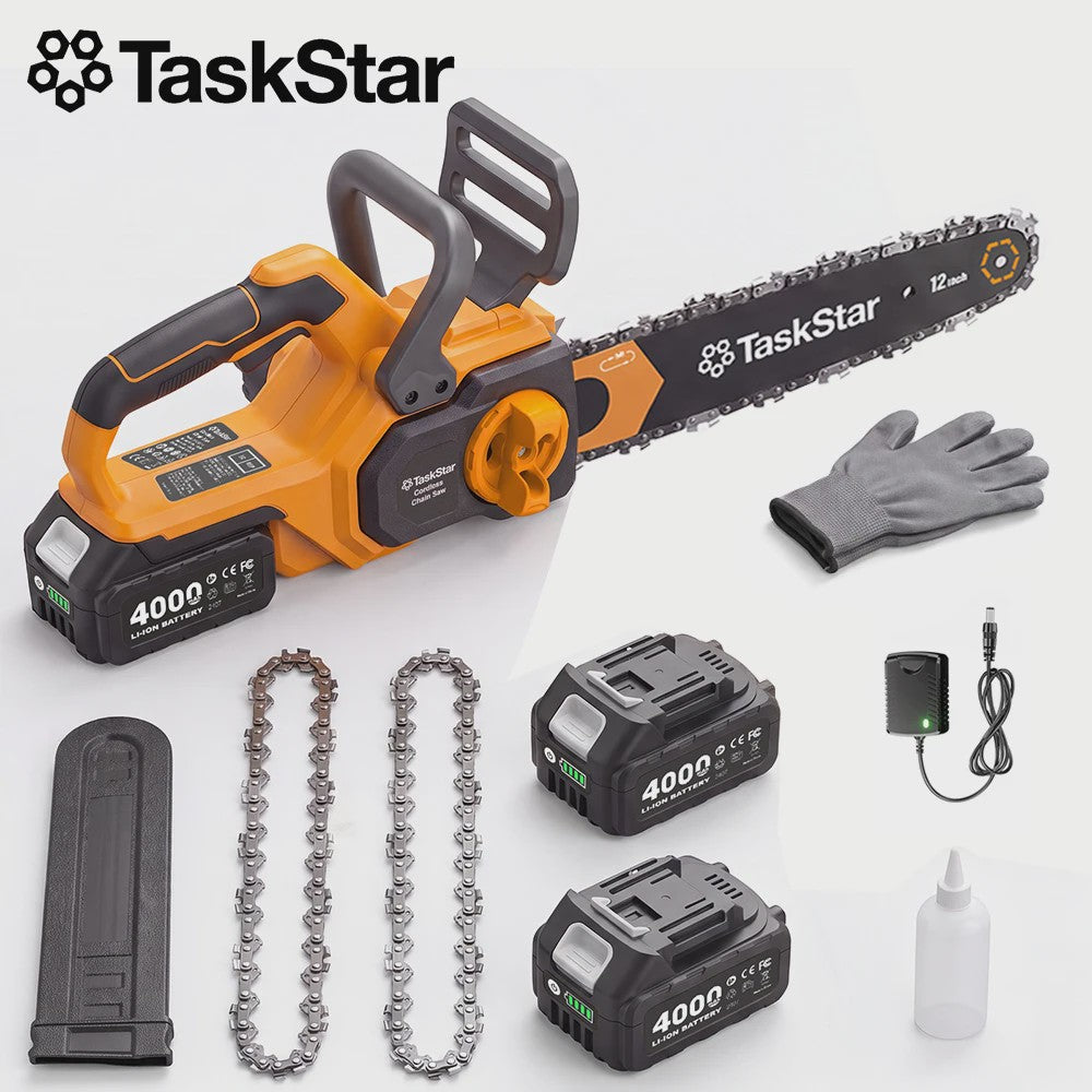 TaskStar 12-Inch Accu Kettingzaag - Krachtig, Borstelloos & Automatische Olie - Incl. 2x 4000mAh Batterijen