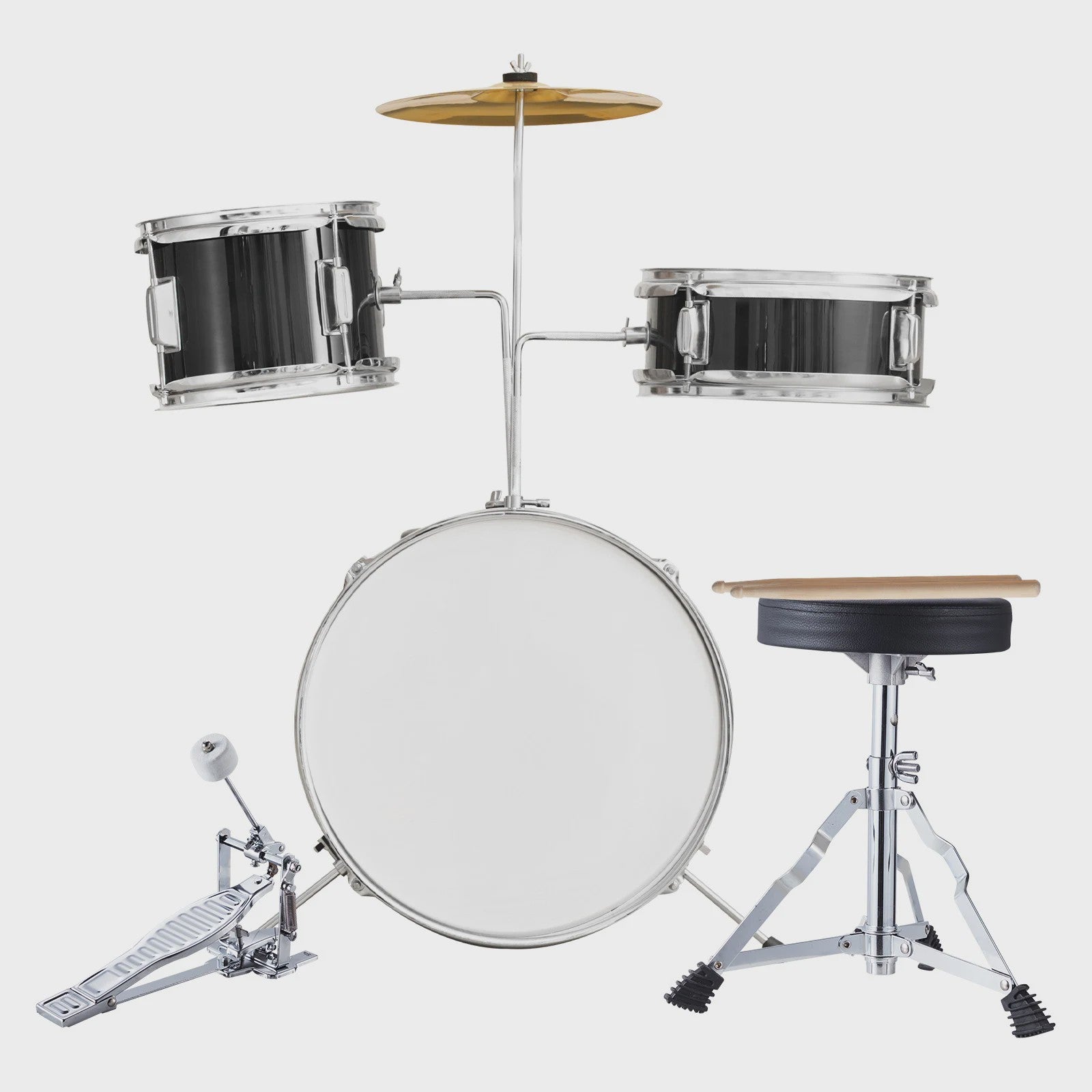3-delige Kinder Drumstel Set 14 inch - Inclusief Krukje, Bekken & Stokken - Zwart/Blauw