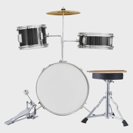 3-delige Kinder Drumstel Set 14 inch - Inclusief Krukje, Bekken & Stokken - Zwart/Blauw