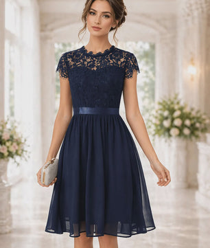 Elegante Zomer Midi Jurk met Korte Mouwen, Kant en A-lijn - Perfect voor Feestjes en Bruiloften