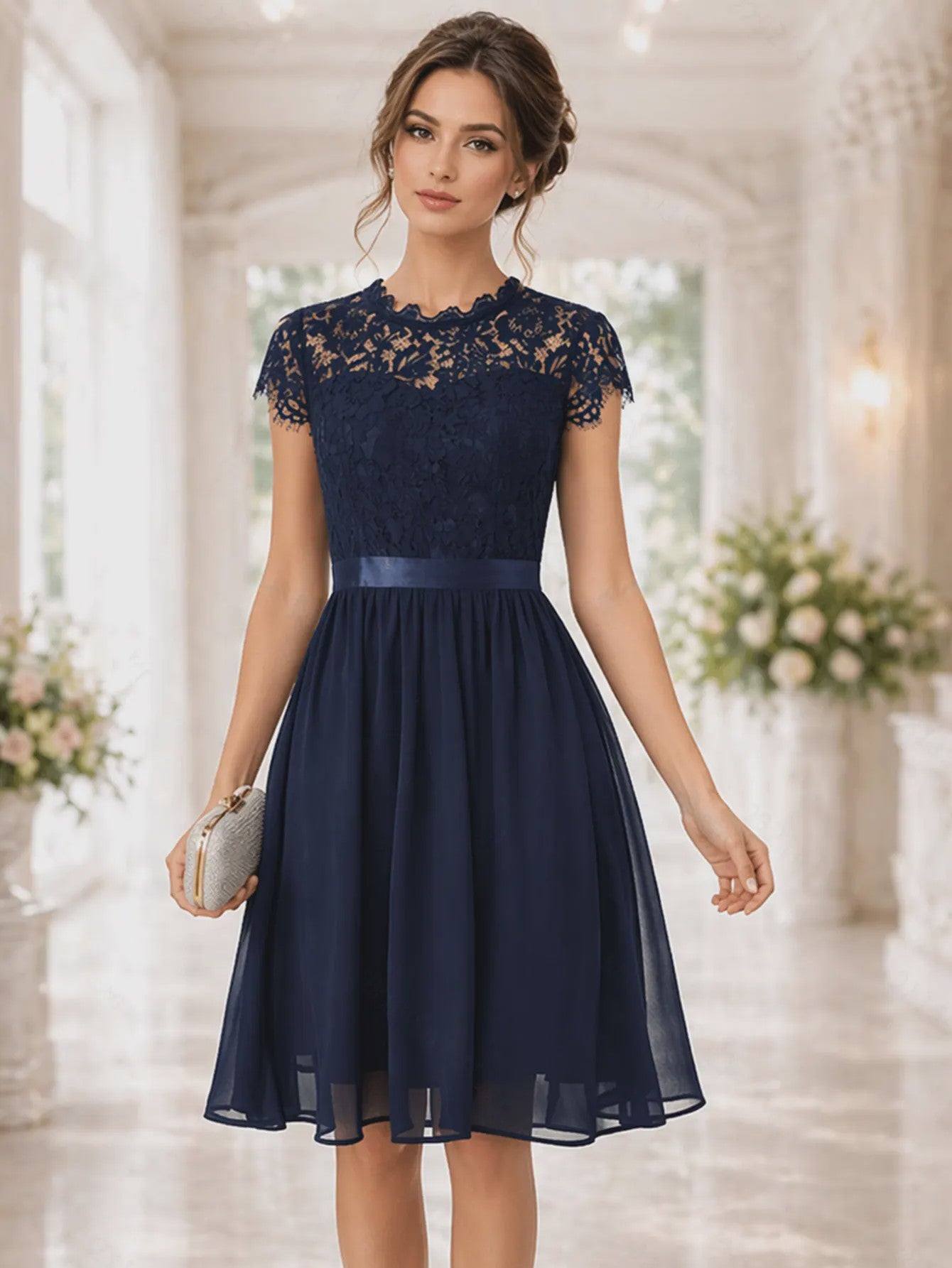Elegante Zomer Midi Jurk met Korte Mouwen, Kant en A-lijn - Perfect voor Feestjes en Bruiloften