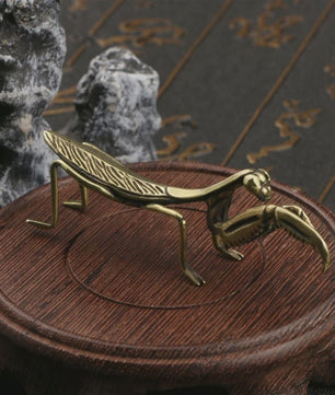 Antiek Messing Bidsprinkhaan Ornament - Miniatuur Insectbeeldje voor Bureau & Feng Shui