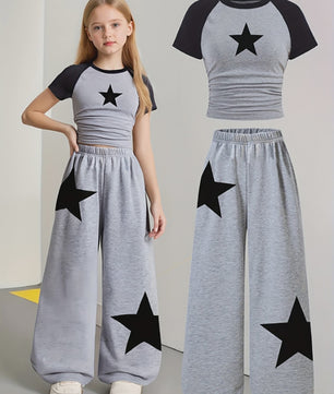 Set Meisjes: Trendy Grijs Trainingspak met Sterrenprint - T-shirt & Wijde Broek