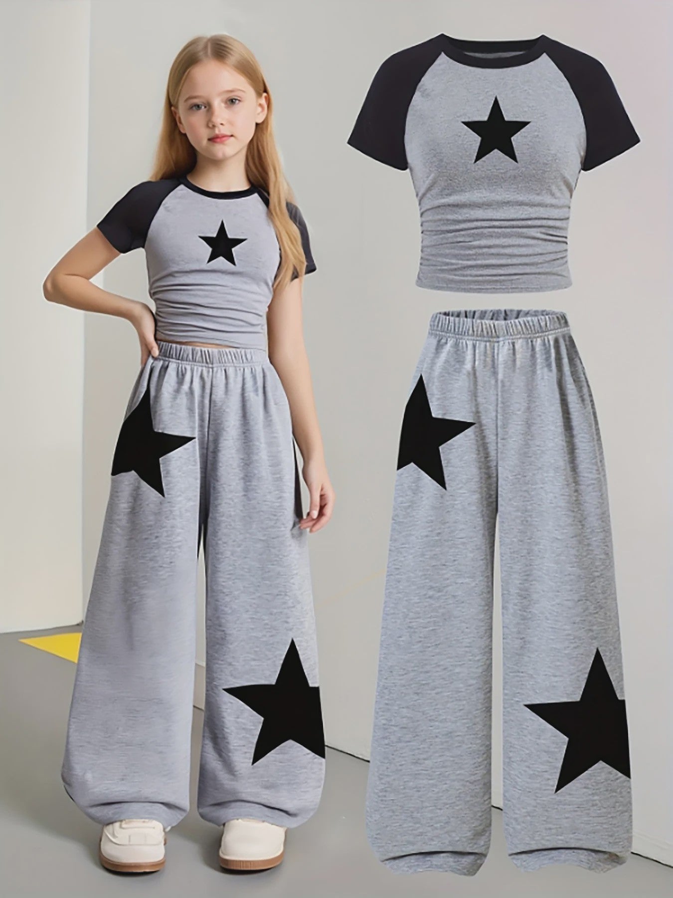 Set Meisjes: Trendy Grijs Trainingspak met Sterrenprint - T-shirt & Wijde Broek