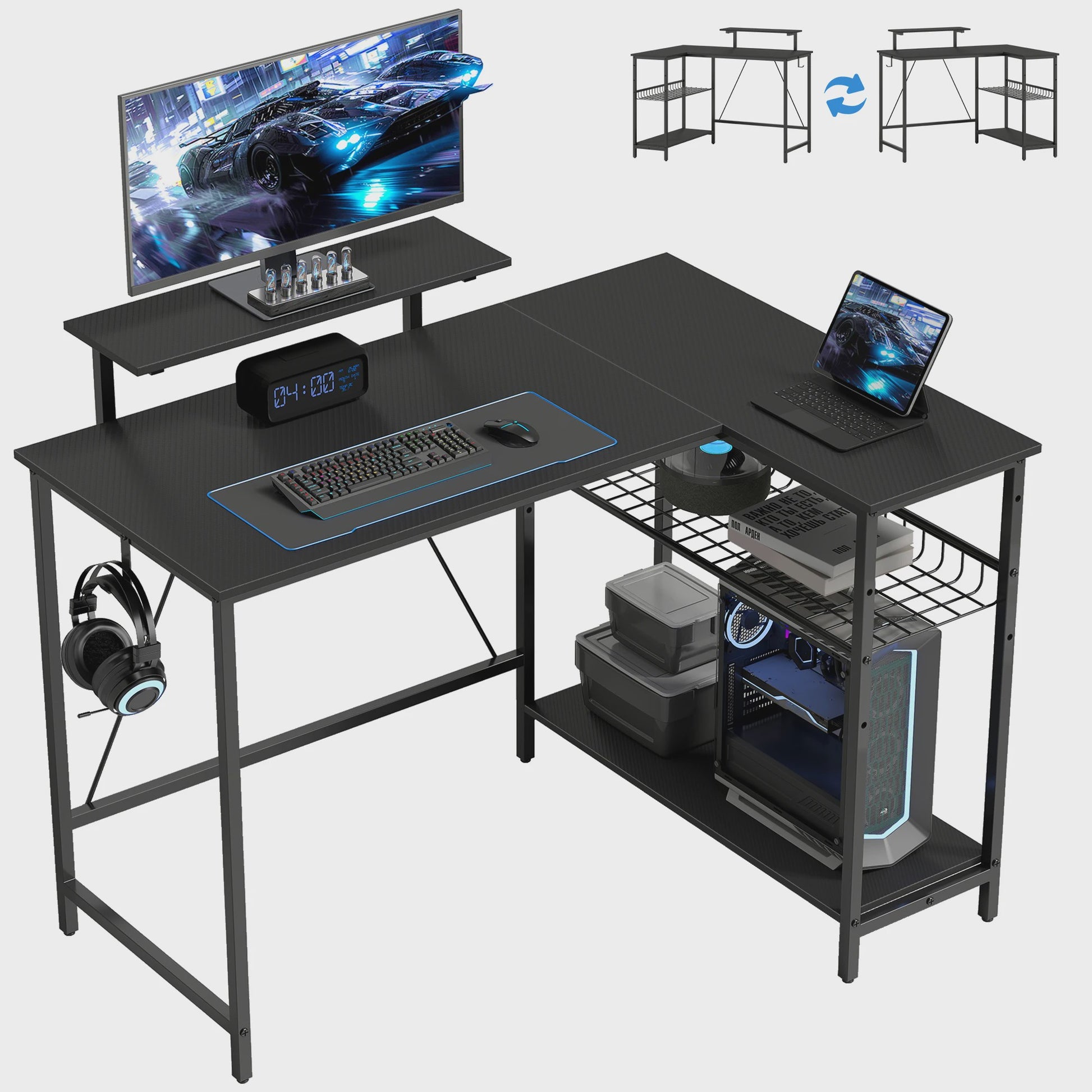 HOMCOM Gaming Hoekbureau met Monitorstandaard en Verstelbare Nettenplank - 114,5x82 cm, Omkeerbaar