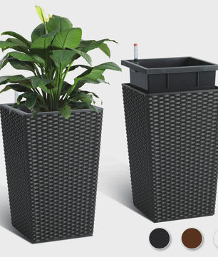 Set van 2 Zelfwaterende Bloempotten met Rotanpatroon en Waterniveau-indicator