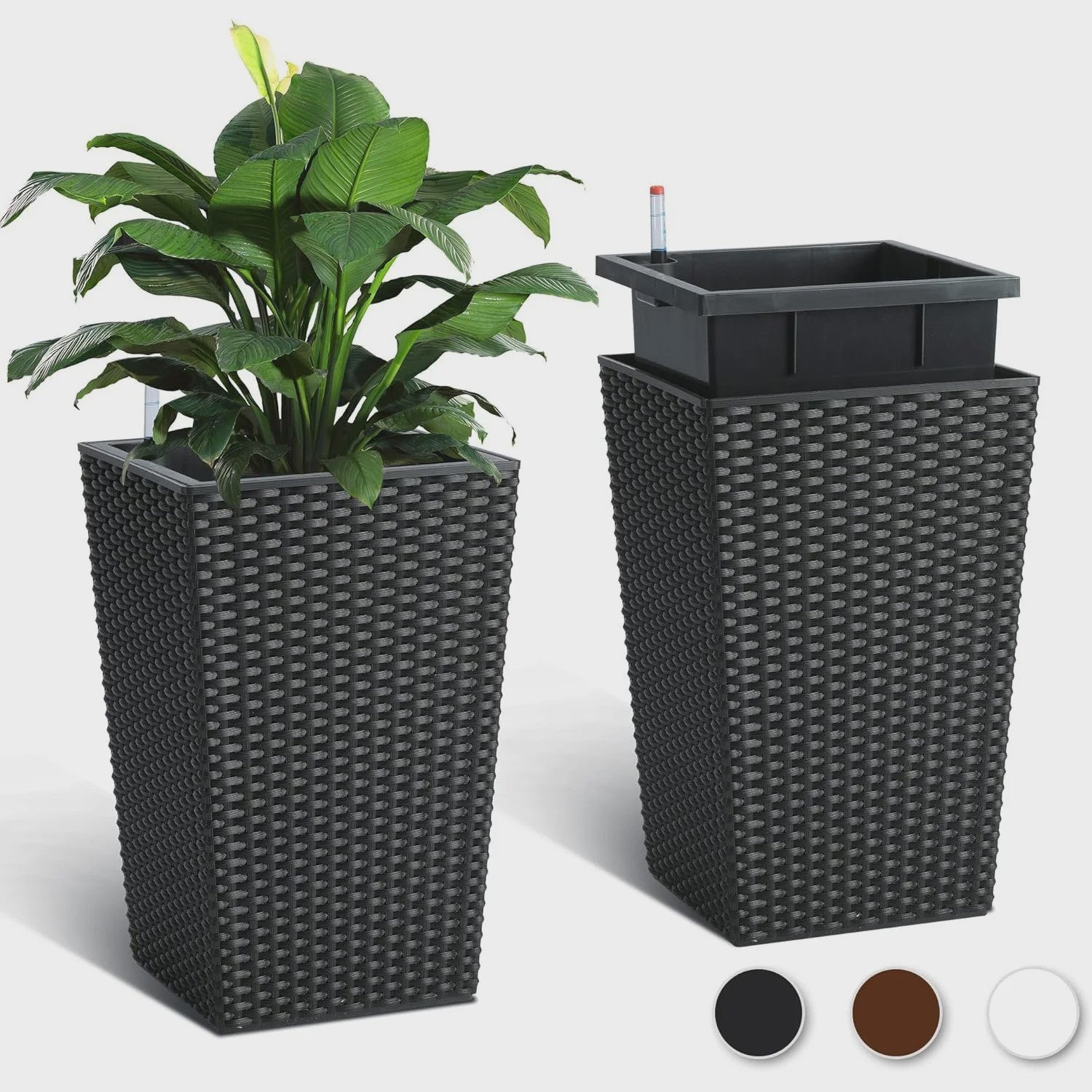 Set van 2 Zelfwaterende Bloempotten met Rotanpatroon en Waterniveau-indicator