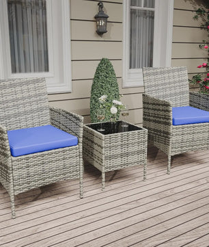3-Delig Bistro Set: PE Rotan Terrasmeubilair met 2 Stoelen, Salontafel en Kussens voor Balkon en Tuin