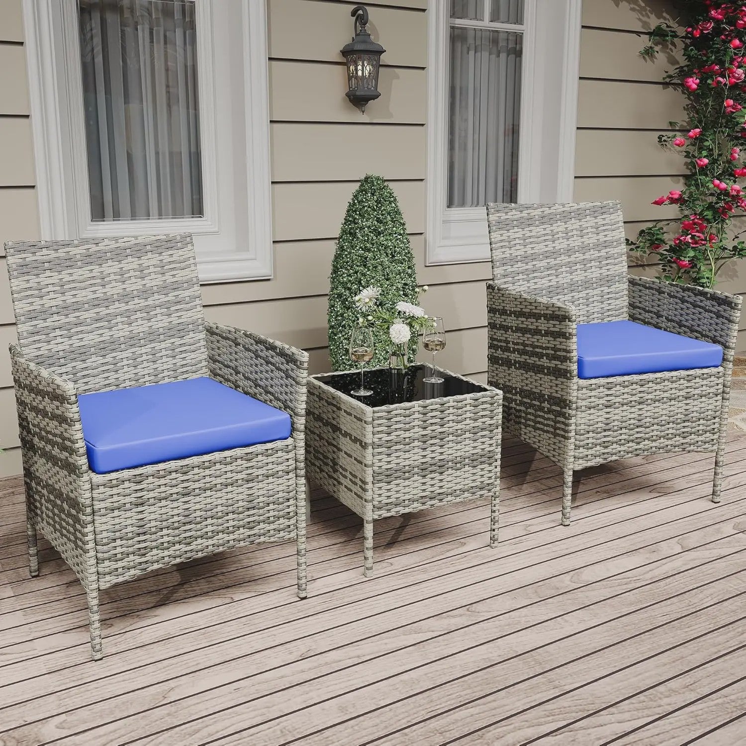 3-Delig Bistro Set: PE Rotan Terrasmeubilair met 2 Stoelen, Salontafel en Kussens voor Balkon en Tuin