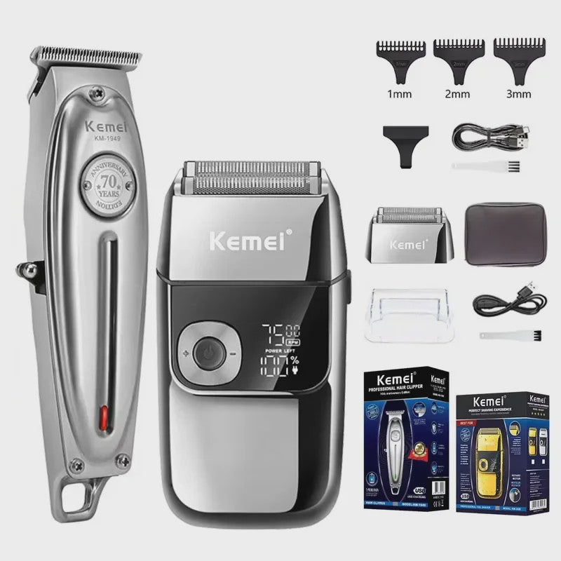 Kemei KM-1949 All Metal Hair Clipper & KM-2028 Shaver Set - Professioneel Draadloos Trimmer & Scheerapparaat