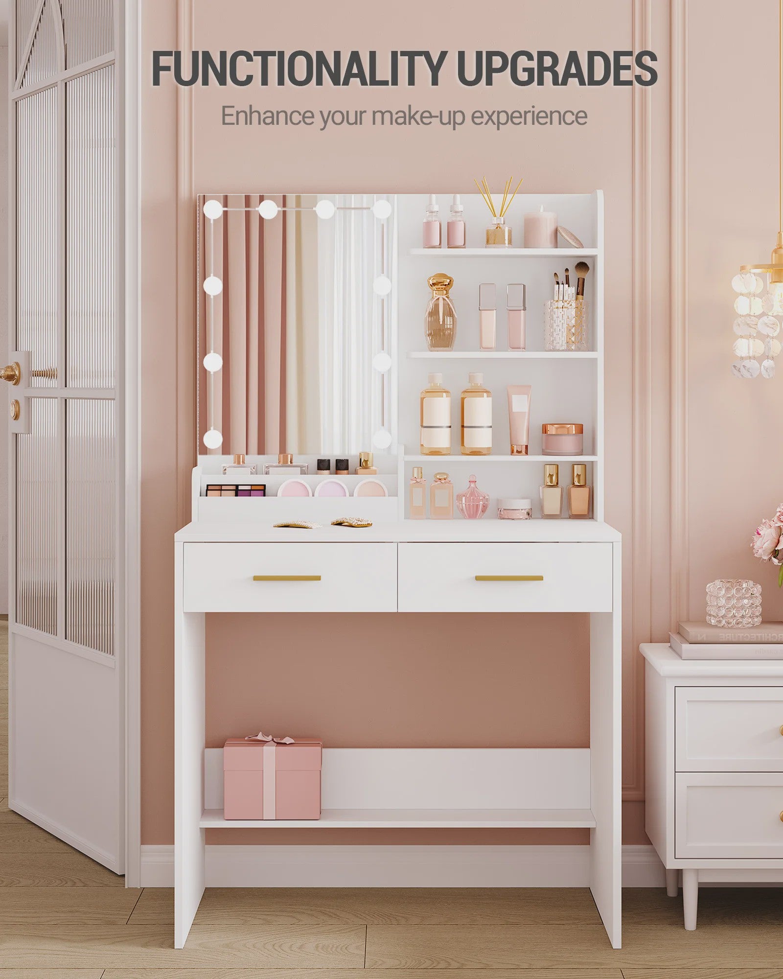 Kaptafel met LED Verlichting, Spiegel en 2 Lades - Ideaal Make-up Station