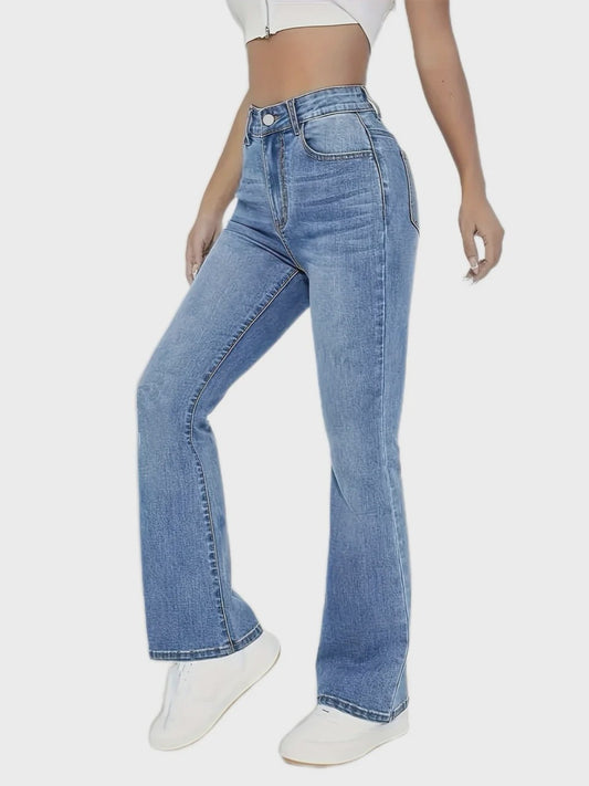 Dames Jeans met Hoge Taille en Wijde Pijpen - Comfortabele Flared Broek