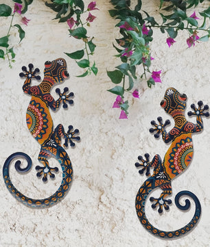 Set van 2 Metalen Gekko Wanddecoratie - Levendige Tribal Patronen voor Binnen & Buiten