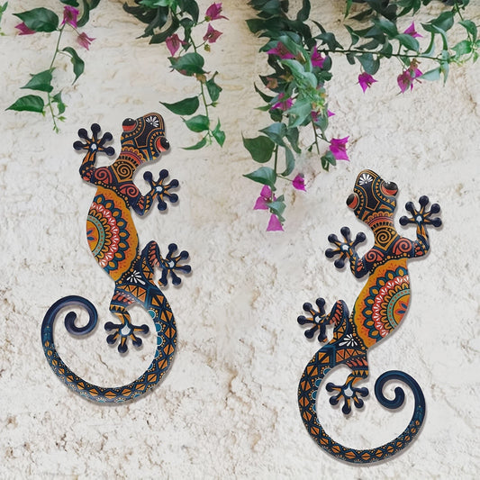 Set van 2 Metalen Gekko Wanddecoratie - Levendige Tribal Patronen voor Binnen & Buiten