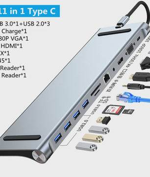 11-in-1 USB-C Hub Docking Station met 4K HDMI, VGA, RJ45, SD/TF Kaartlezer & PD Charge