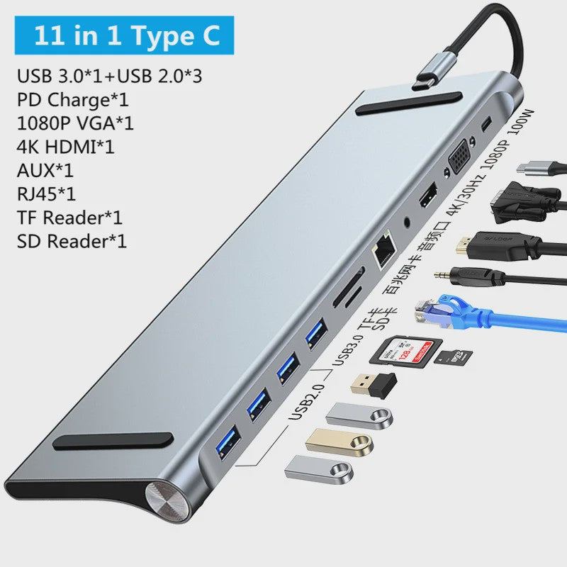 11-in-1 USB-C Hub Docking Station met 4K HDMI, VGA, RJ45, SD/TF Kaartlezer & PD Charge