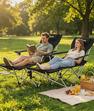 Set van 2 Zwarte Klapstoelen - Camping, Vissen, Strand - Met Voetensteun & Bekerhouder - 120kg Draagkracht