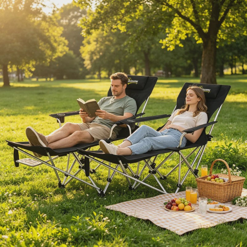 Set van 2 Zwarte Klapstoelen - Camping, Vissen, Strand - Met Voetensteun & Bekerhouder - 120kg Draagkracht