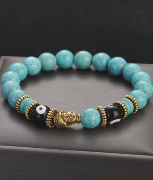 Handgemaakte Buddha & Evil Eye Armband met Turkoois Blauwe Stenen - Elastisch, Yoga Stijl