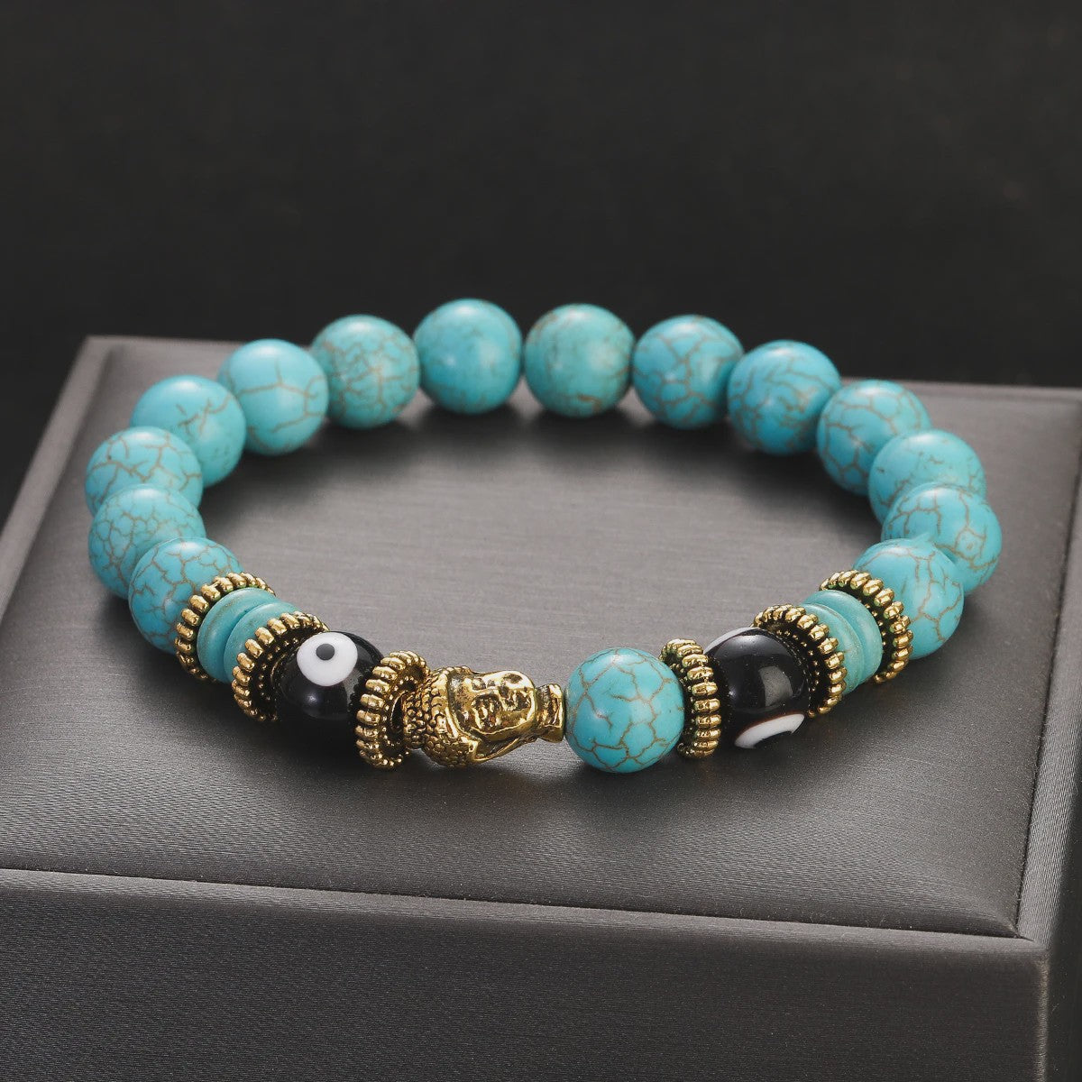 Handgemaakte Buddha & Evil Eye Armband met Turkoois Blauwe Stenen - Elastisch, Yoga Stijl