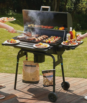 Charcoal BBQ Grillwagen met Deksel, Thermometer en Zijtafel - Perfect voor Tuinfeesten