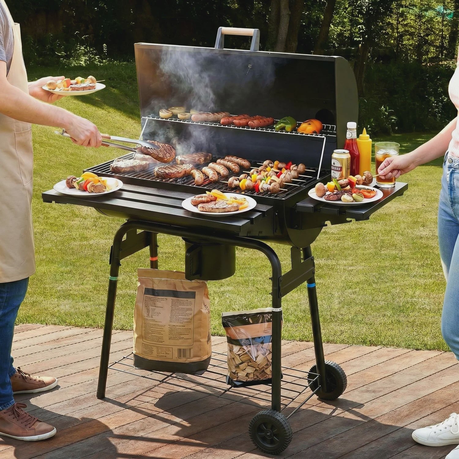 Charcoal BBQ Grillwagen met Deksel, Thermometer en Zijtafel - Perfect voor Tuinfeesten