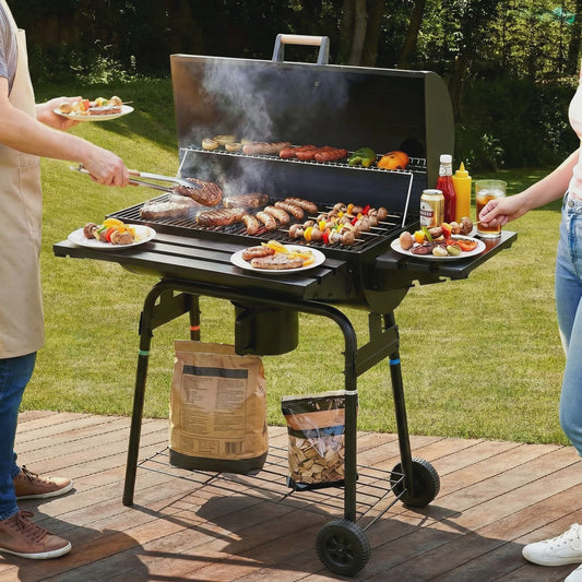 Charcoal BBQ Grillwagen met Deksel, Thermometer en Zijtafel - Perfect voor Tuinfeesten