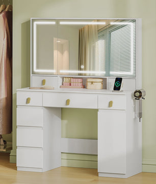 Kaptafel met Spiegel, LED Verlichting, Stopcontact & Föhn Houder - 8 Lades, 3 Kleuren, Dimbaar