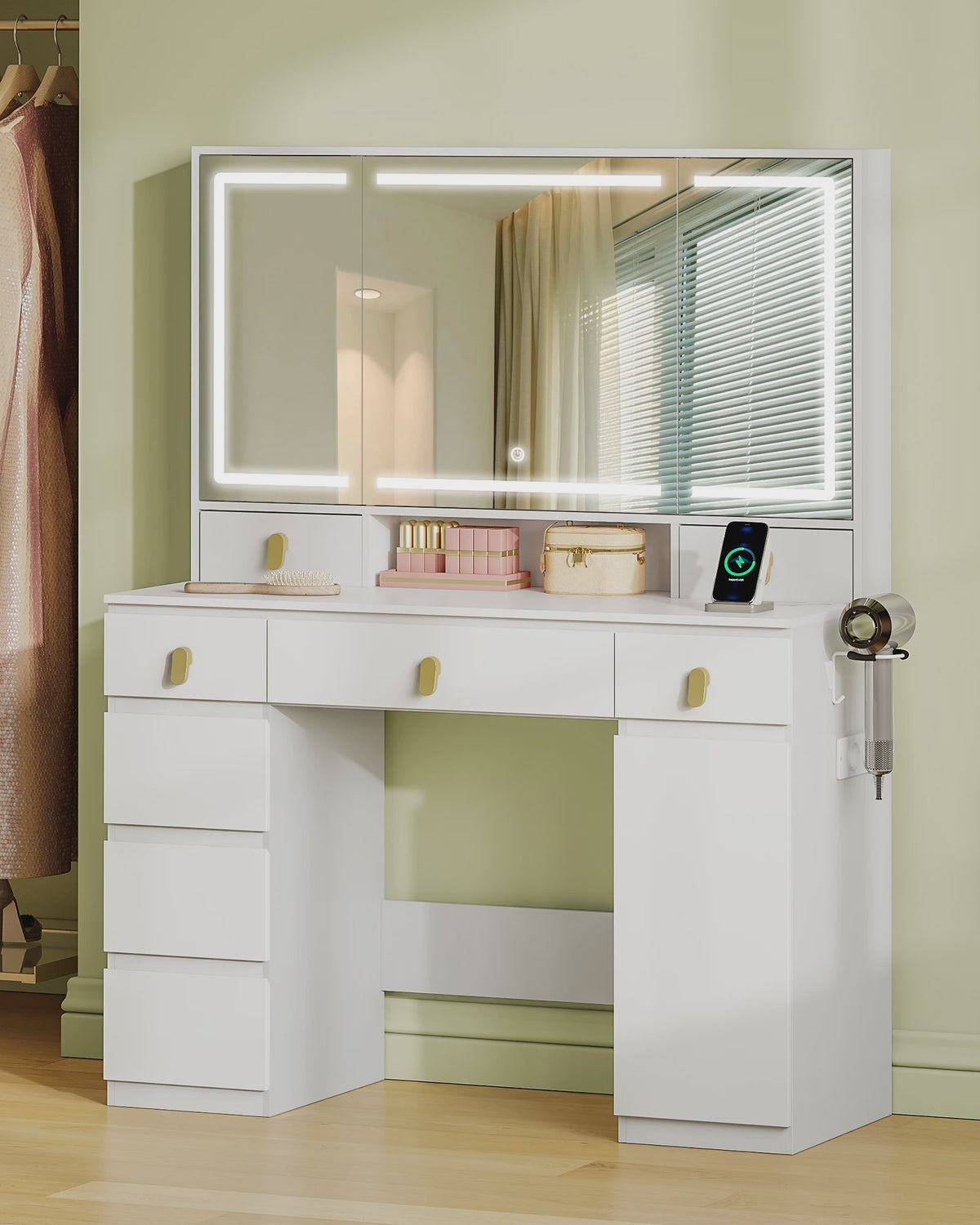 Kaptafel met Spiegel, LED Verlichting, Stopcontact & Föhn Houder - 8 Lades, 3 Kleuren, Dimbaar