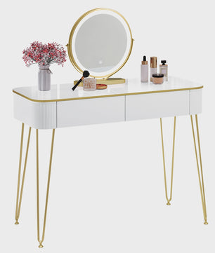 Elegante Witte Kaptafel met LED Spiegel en 3 Verlichtingsniveaus - Make-up Tafel met Grote Lades